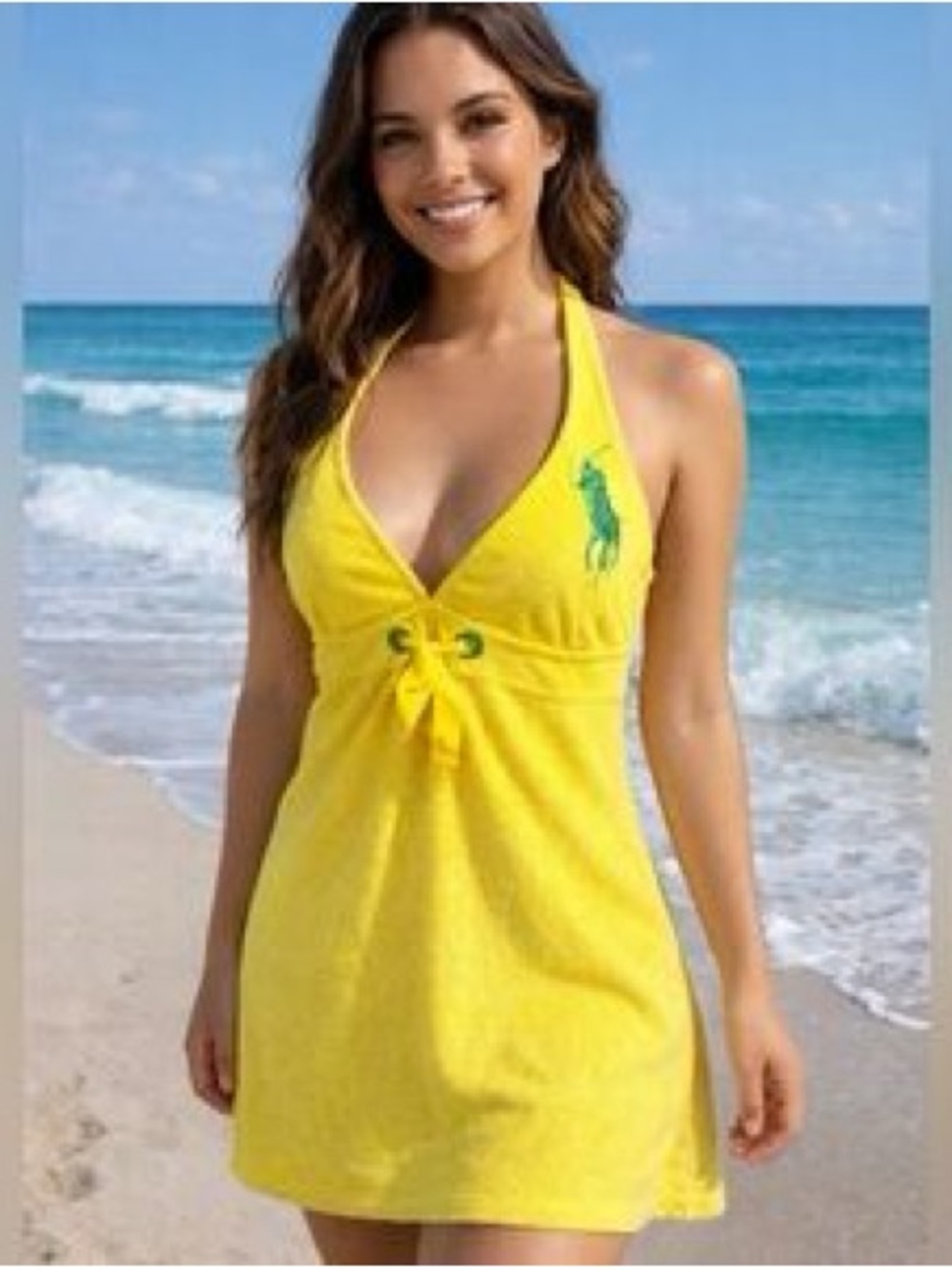 Ralph Lauren Yellow Halter Tie-Front Dress with Green Pony